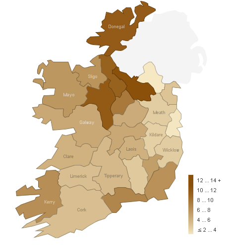 Percentage of property for sale by county, Ireland, April 2009